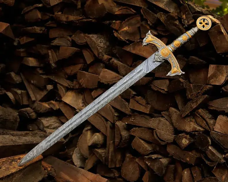 Templar Cross Damascus Sword with Ornate Hilt - view 1