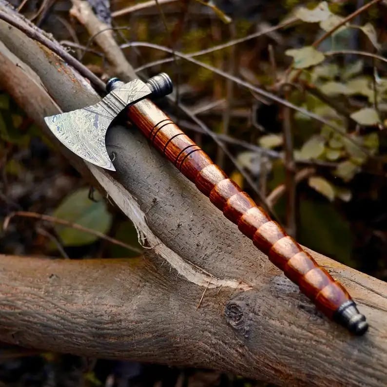 Damascus Tomahawk with Segmented Wooden Handle - view 1