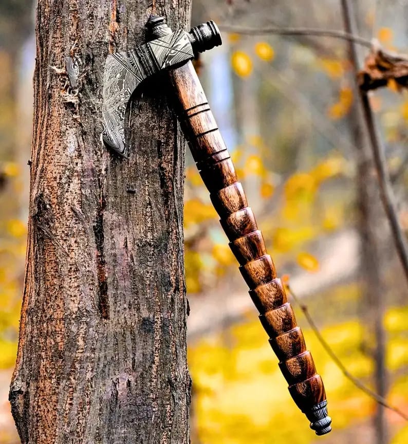 Damascus Tomahawk with Segmented Wooden Handle - view 2