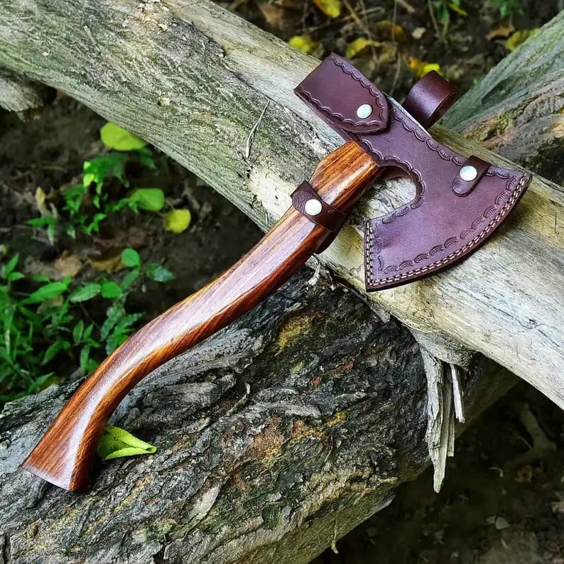 Damascus Axe with Curved Rosewood Handle & Leather Sheath - view 1