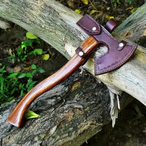 Damascus Axe with Curved Rosewood Handle & Leather Sheath - view 1