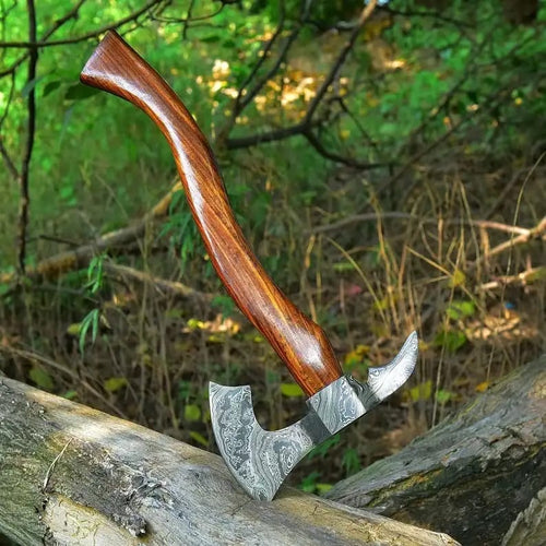 Damascus Axe with Curved Rosewood Handle & Leather Sheath - view 2