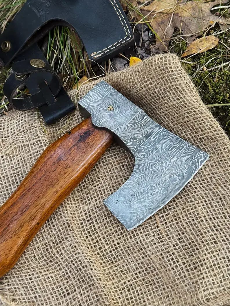 Damascus Camp Axe with Leather-Wrapped Handle & Sheath - view 1