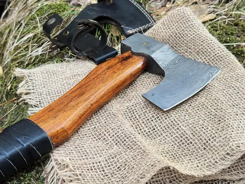 Damascus Camp Axe with Leather-Wrapped Handle & Sheath - view 3