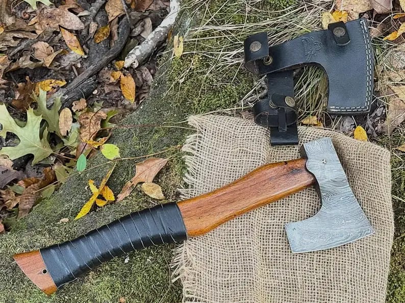 Damascus Camp Axe with Leather-Wrapped Handle & Sheath - view 4
