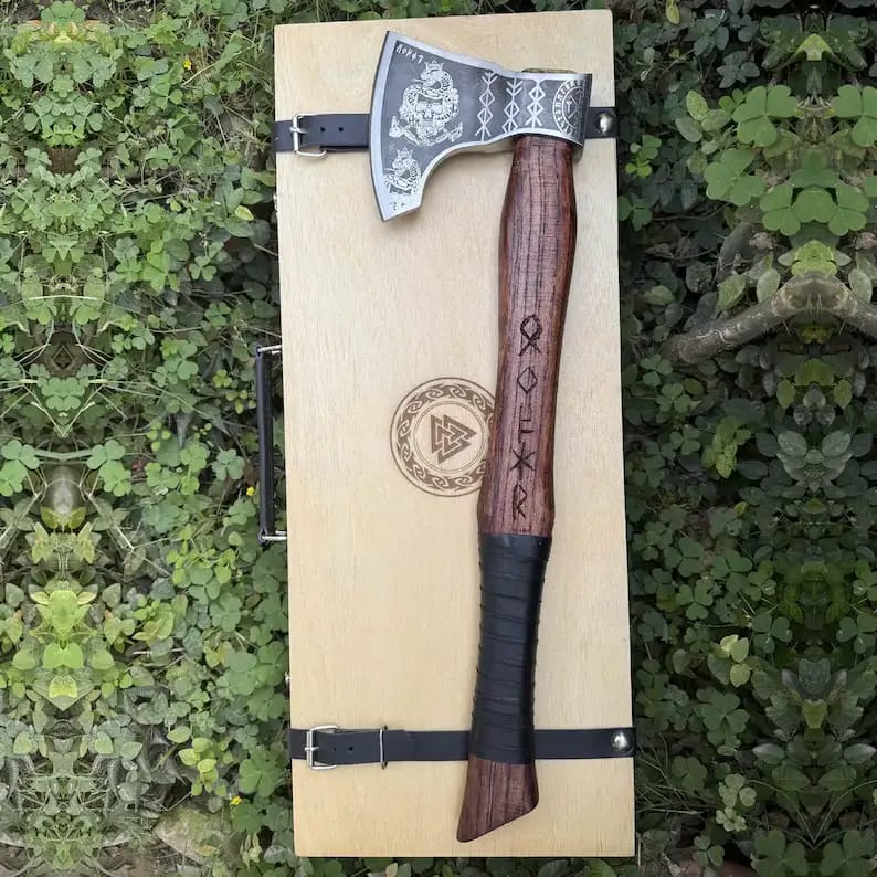 Rune-Engraved Viking Axe Gift Set with Sheath & Wooden Box - view 1