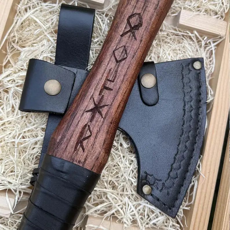 Rune-Engraved Viking Axe Gift Set with Sheath & Wooden Box - view 3