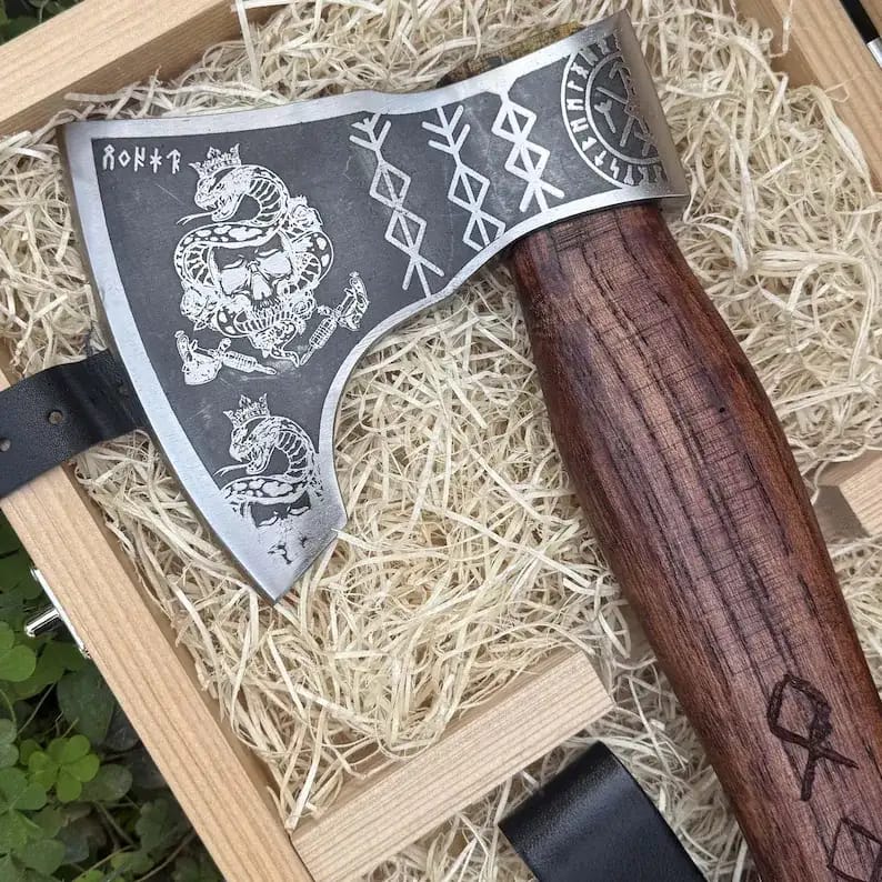 Rune-Engraved Viking Axe Gift Set with Sheath & Wooden Box - view 5