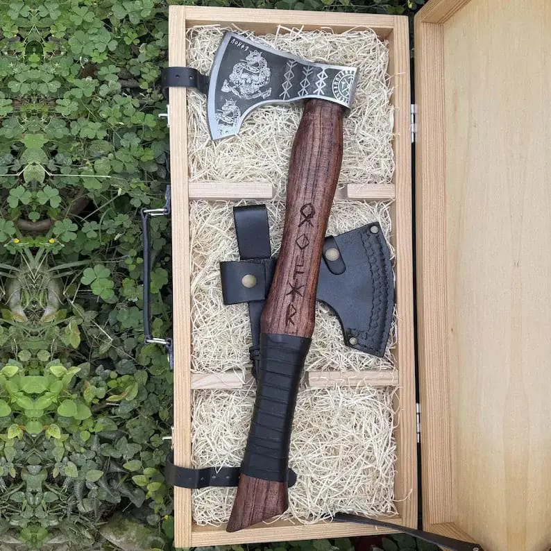 Rune-Engraved Viking Axe Gift Set with Sheath & Wooden Box - view 6