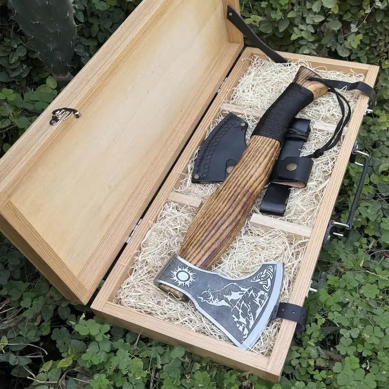 Engraved Viking Axe with Striped Wood Handle in Gift Box - view 1