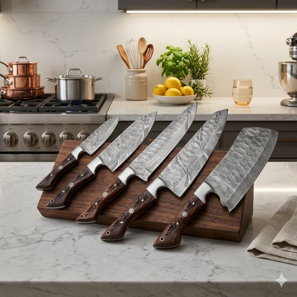 Titan Damascus 5-Piece Kitchen Knife Set with Carved Micarta Handles