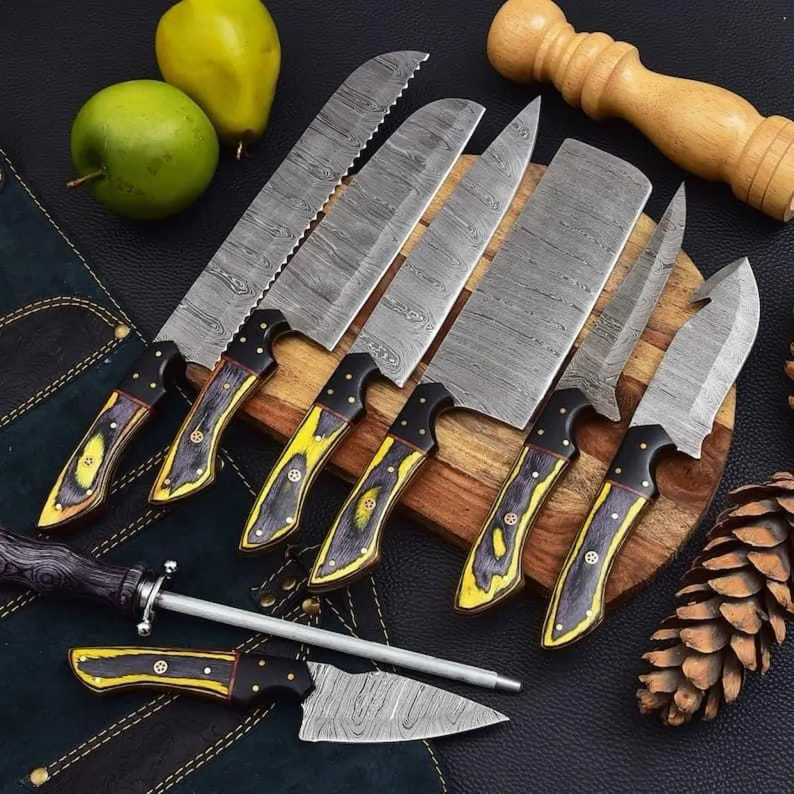 Hand Forged Damascus Steel Chef Knife Set, Kitchen Knives | Chef Knives Set, Handmade 8 Pcs Luxury Damascus Knife Gift for him, Gift for her