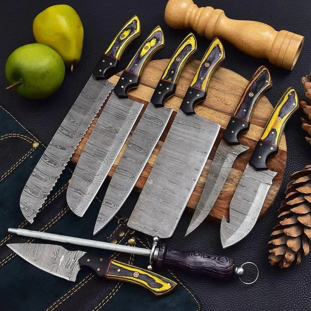 Hand Forged Damascus Steel Chef Knife Set, Kitchen Knives | Chef Knives Set, Handmade 8 Pcs Luxury Damascus Knife Gift for him, Gift for her