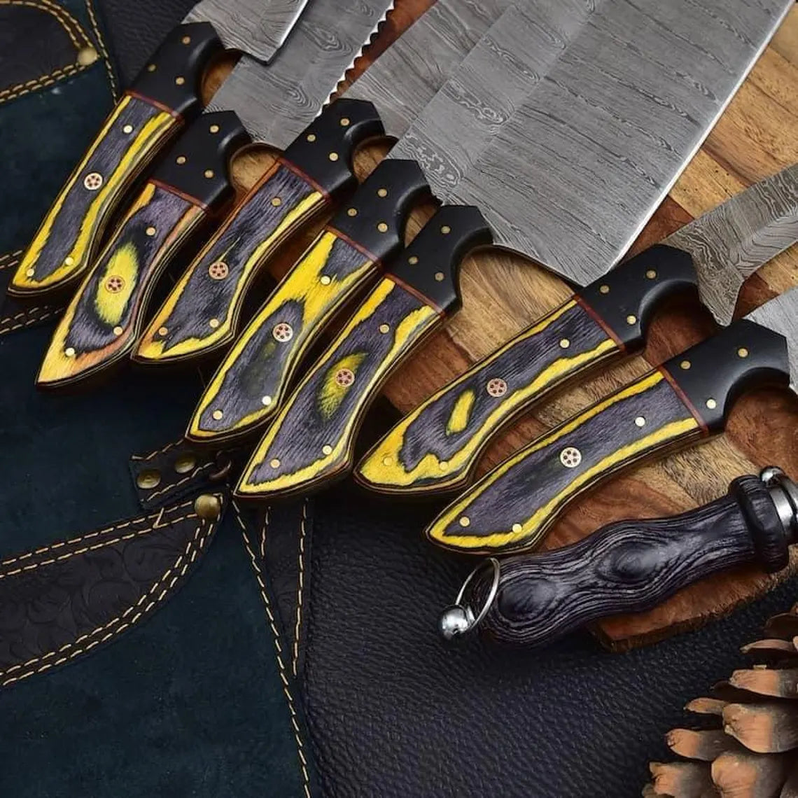 Hand Forged Damascus Steel Chef Knife Set, Kitchen Knives | Chef Knives Set, Handmade 8 Pcs Luxury Damascus Knife Gift for him, Gift for her